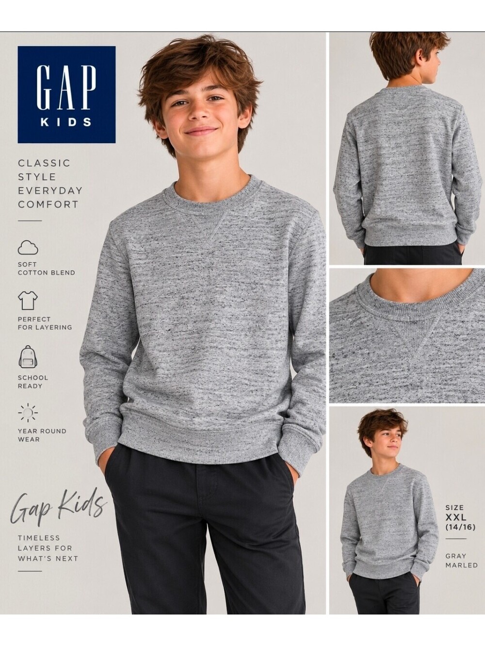 Gap Kids XXL 14/16 Gray Marled Crewneck Sweatshirt Pullover Cotton Blend